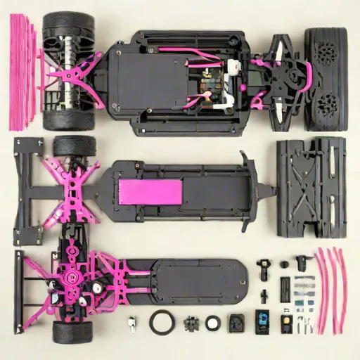 Generated top-down concept image of radio-controlled touring car chassis components