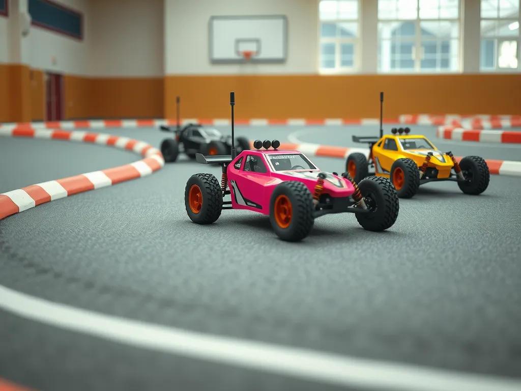 Generated concept image of three colourful radio-controlled buggies racing in a school sports hall
